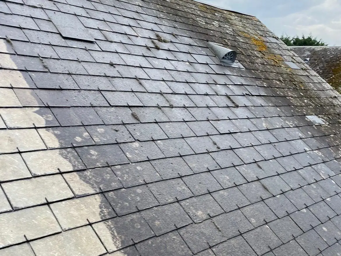 Couverture en ardoises en cours de nettoyage, lichens et mousses encore présents en partie haute