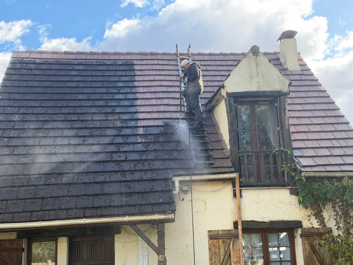 Couvreur sur une échelle de toit nettoyant un versant de tuiles : la partie droite est propre, la gauche encore couverte de mousse
